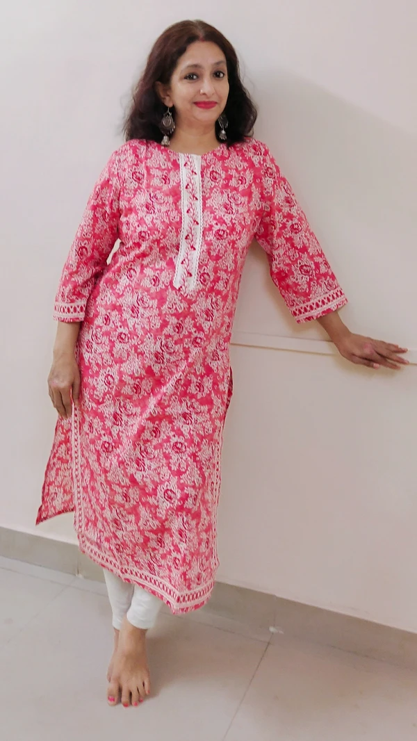 Pink White Floral Lace Kurta - 3XL