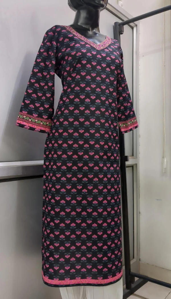 Cotton Kurta Black Pink Flower - Black, XXL