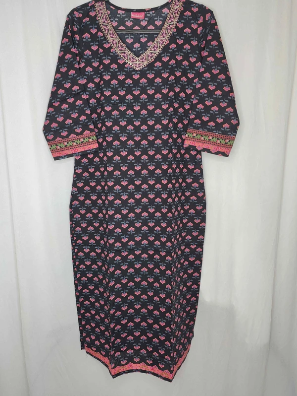 Cotton Kurta Black Pink Flower - Black, XXL