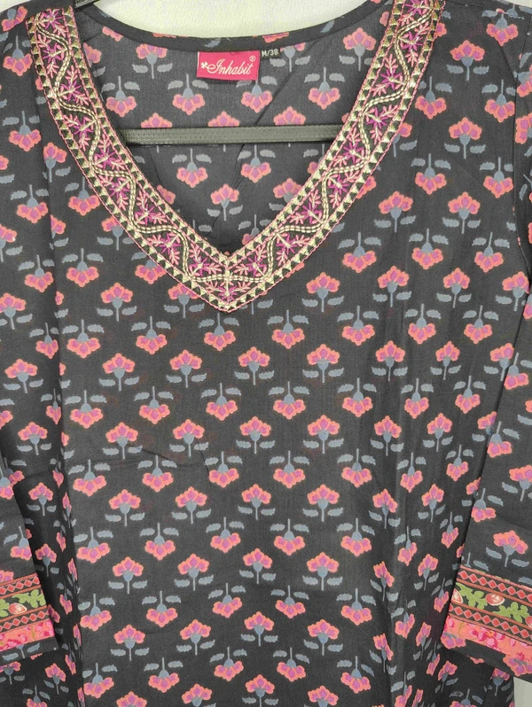 Cotton Kurta Black Pink Flower - Black, 3XL