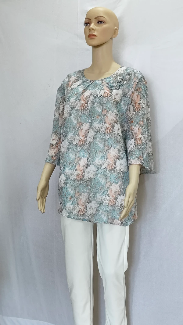 Aqua Green Pink Peach Print Indo Western Top Synthetic - 2XL