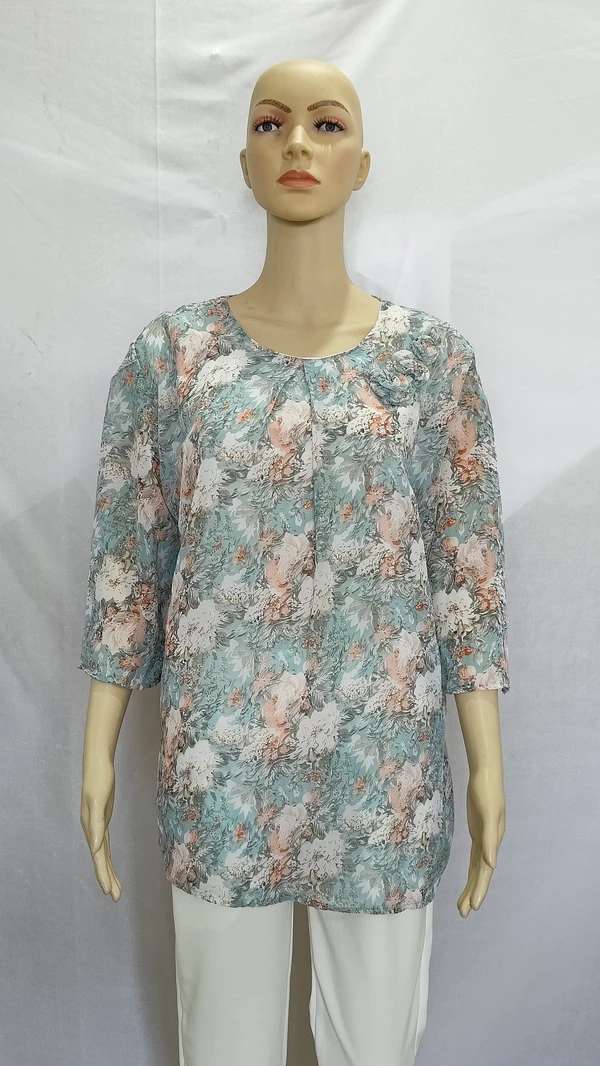 Aqua Green Pink Peach Print Indo Western Top Synthetic - 3XL