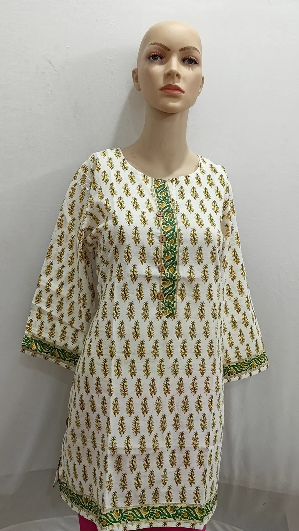 Beige Green Print Regular Kurti - L