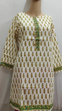 Beige Green Print Regular Kurti - L