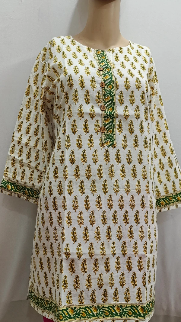 Beige Green Print Regular Kurti - L