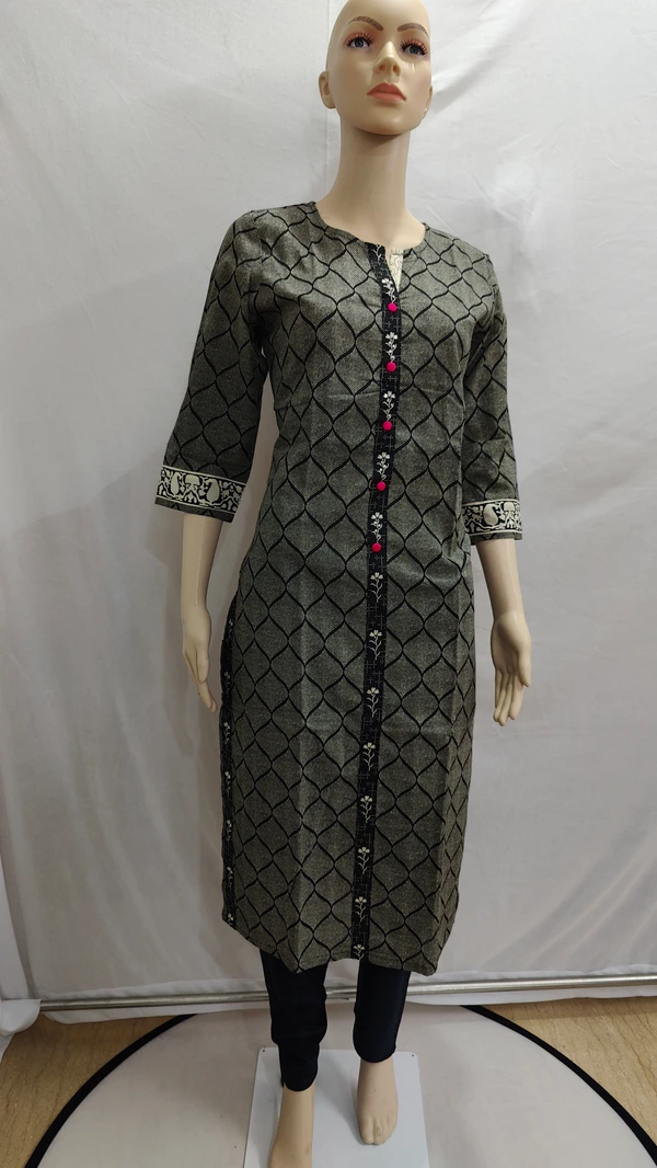 Black Off-White Print & Black Patti Kurta - S