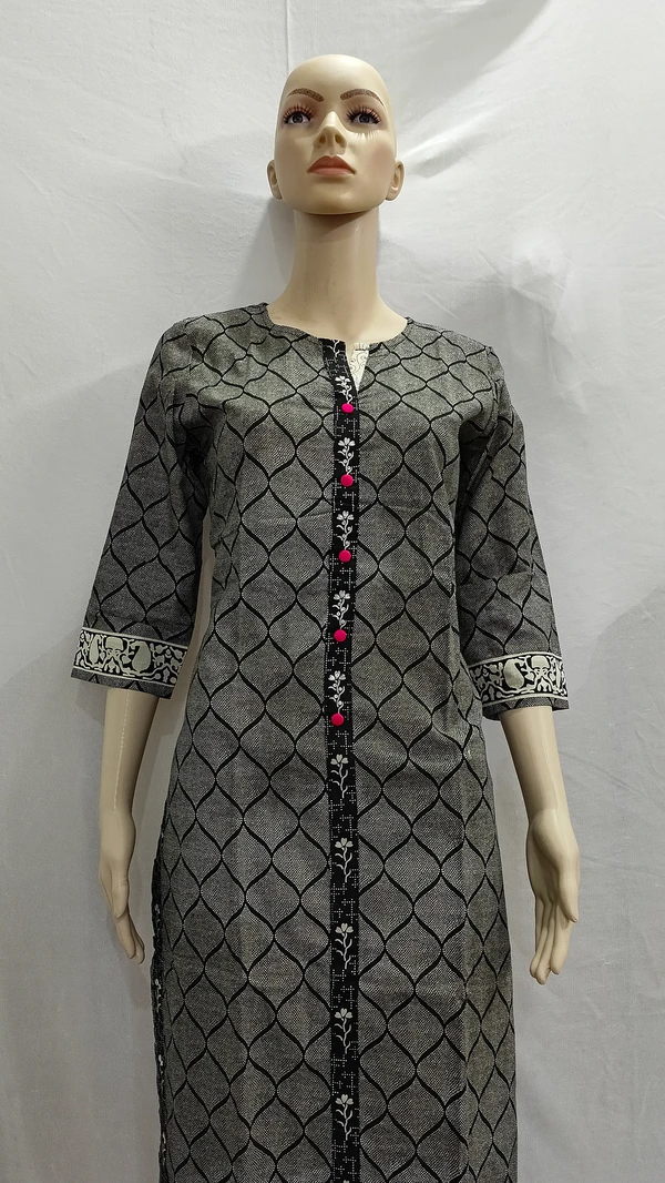 Black Off-White Print & Black Patti Kurta - S