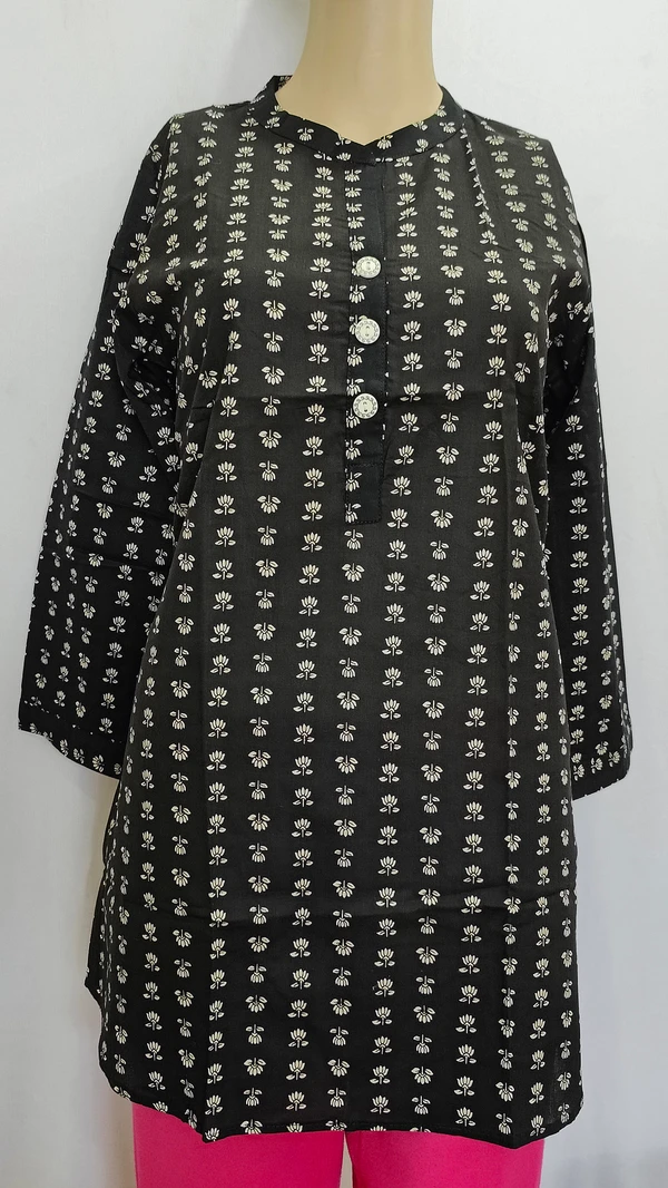 Black Tiny White Flowers Print Regular Kurti - S