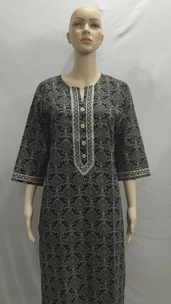 Black White Floral Print Kurta - XL