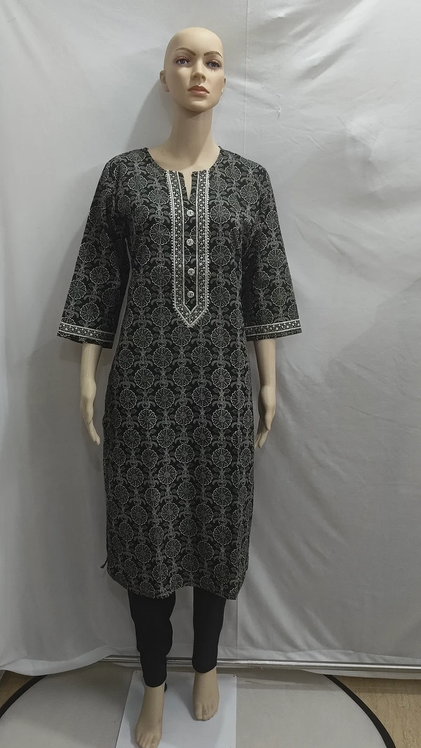 Black White Floral Print Kurta - XL