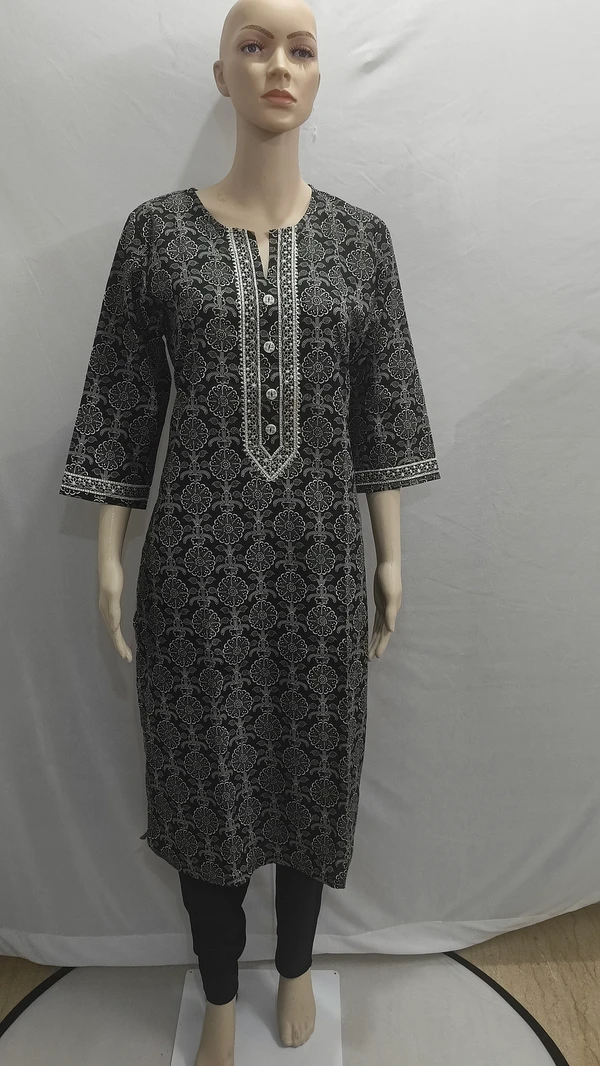 Black White Floral Print Kurta - XL