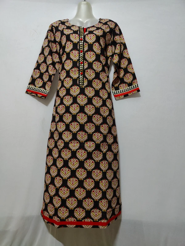 Black White Pink Print Gold Thread Embroidered Front Patti Kurta - L