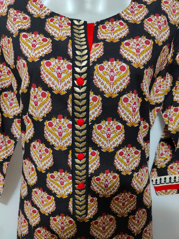 Black White Pink Print Gold Thread Embroidered Front Patti Kurta - XL