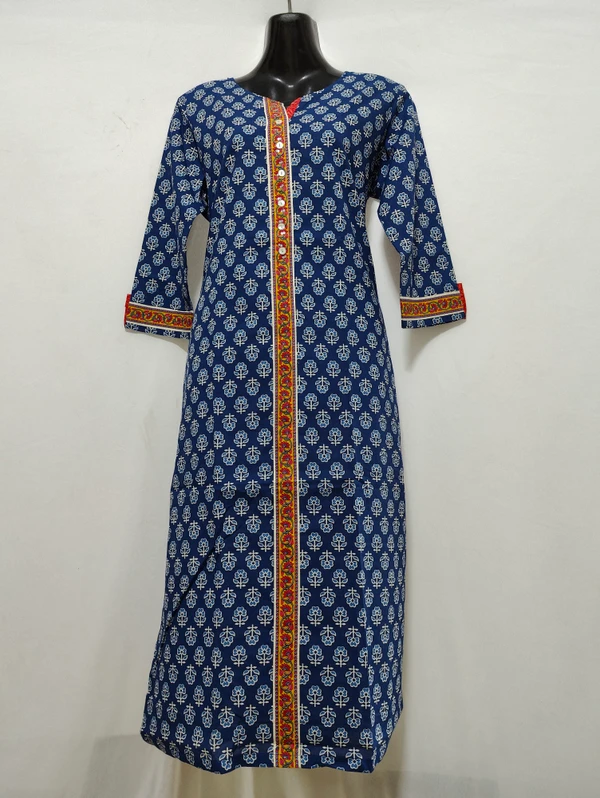 Blue Rani Yellow Centre Patti Print Kurta - S