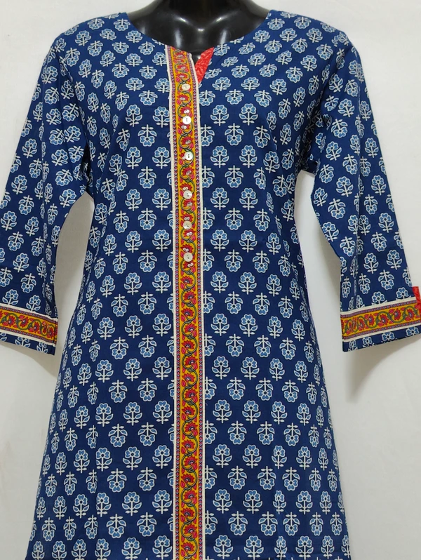 Blue Rani Yellow Centre Patti Print Kurta - XL