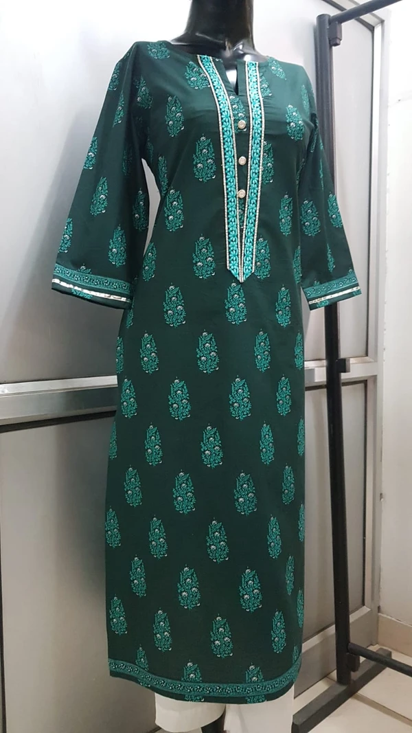 Bottle Green White Print Kurta - L