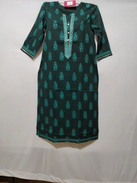 Bottle Green White Print Kurta - L