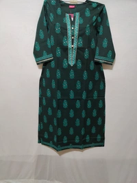 Bottle Green White Print Kurta - L