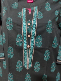 Bottle Green White Print Kurta - L