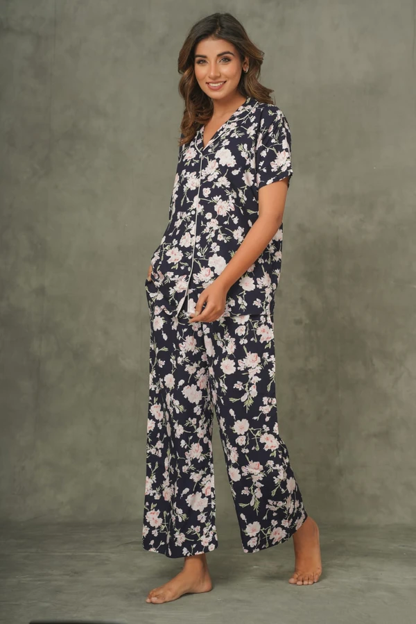 Dark Blue Pink Floral Night Suit Pallazo Pant - L