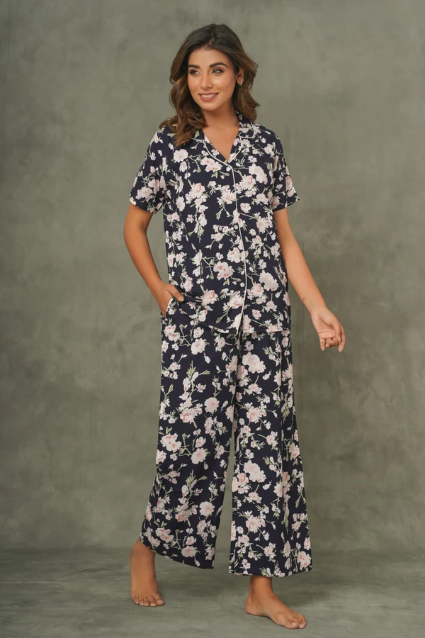 Dark Blue Pink Floral Night Suit Pallazo Pant - L