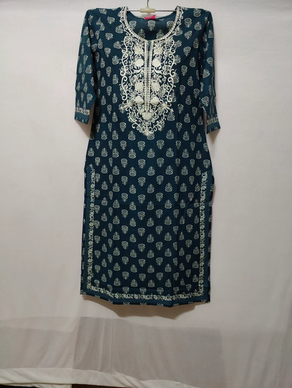 Dark Blue White Embroidered Around Yoke Kurta - L