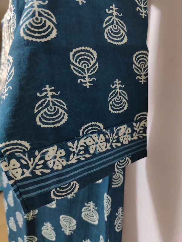 Dark Blue White Embroidered Around Yoke Kurta - L