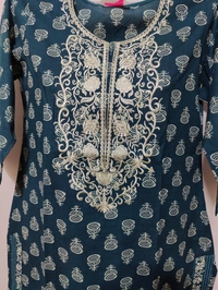 Dark Blue White Embroidered Around Yoke Kurta - L