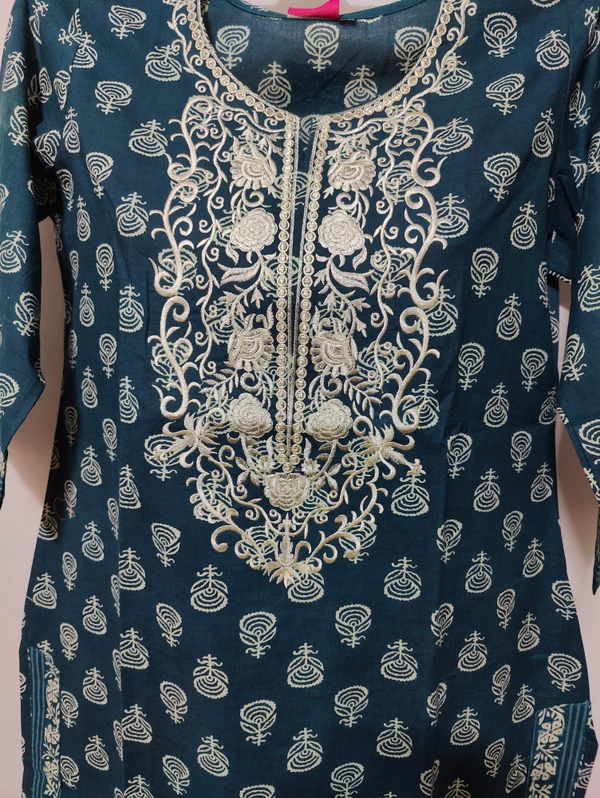 Dark Blue White Embroidered Around Yoke Kurta - L