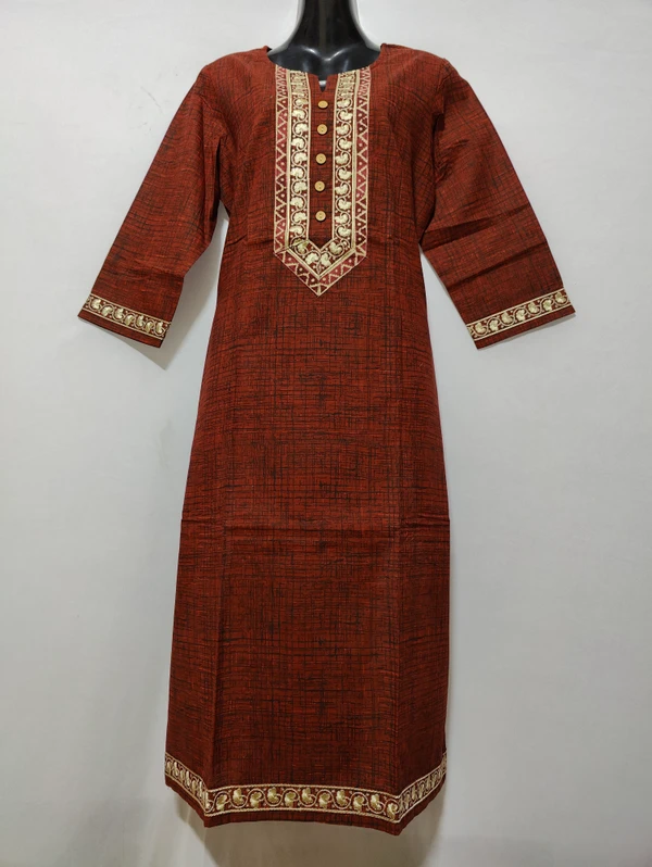 Dark Orange White Embroidery Pati Print Kurta - L