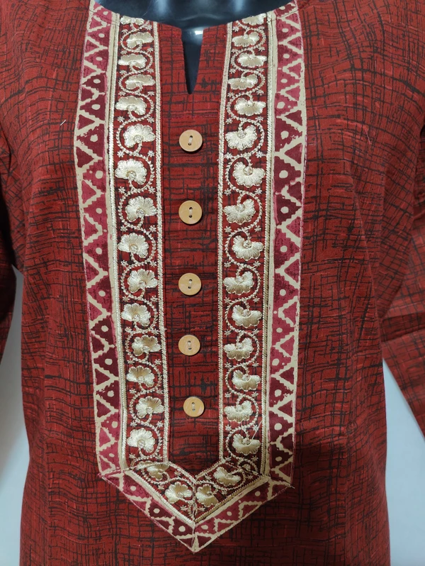 Dark Orange White Embroidery Pati Print Kurta - L