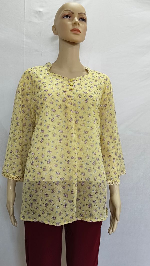 Light Yellow Purple Floral Print Indo Western Top Synthetic - 3XL