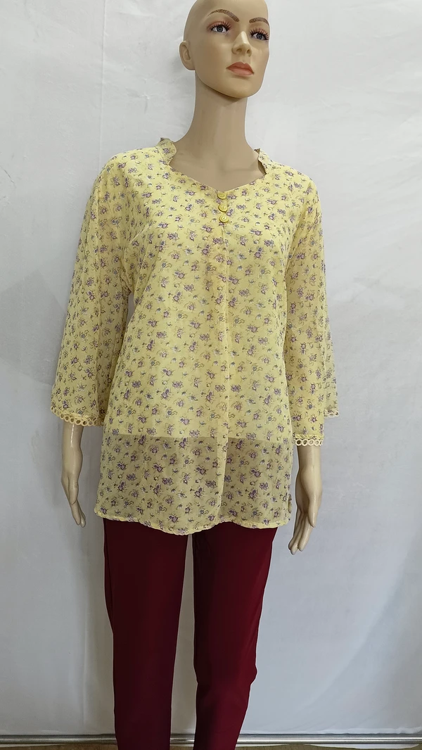 Light Yellow Purple Floral Print Indo Western Top Synthetic - 2XL