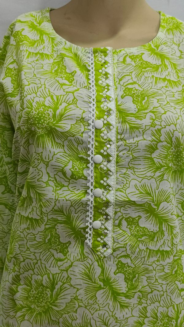 Lime Green White Print Lace Around Button Regular Kurti - 3XL