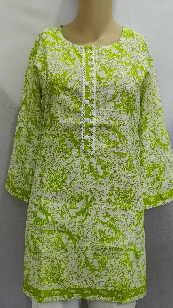 Lime Green White Print Lace Around Button Regular Kurti - 3XL