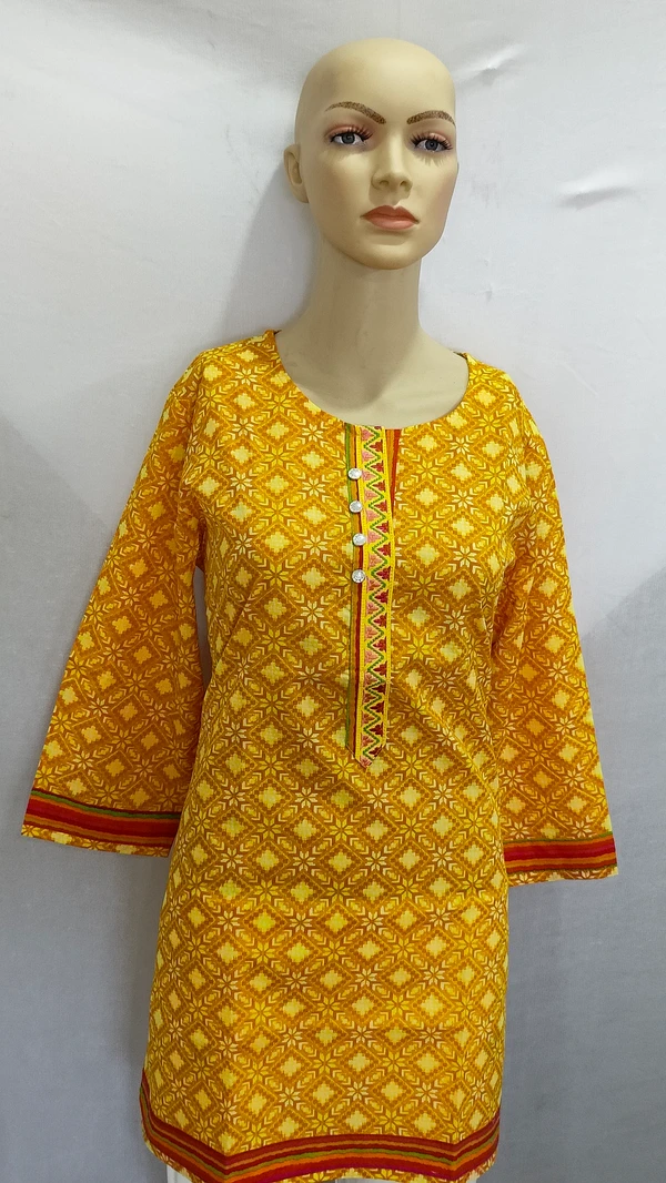 Mustard Embroidery Around Button Patti Regular Kurti - 2XL