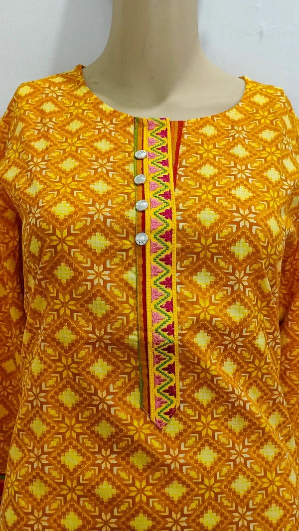 Mustard Embroidery Around Button Patti Regular Kurti - 2XL