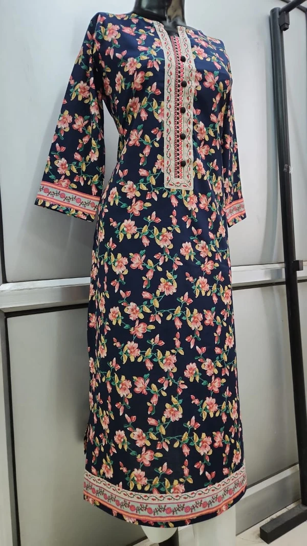 Navy Blue Pink Blossoms Print Kurta - S