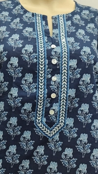 Navy Blue White Floral Regular Kurti - XL