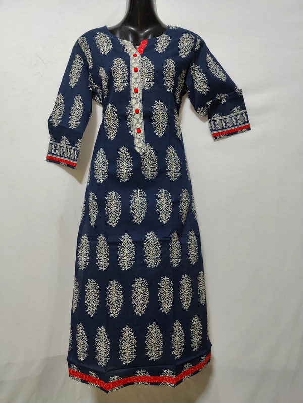 Navy Blue White Print Pink Buttons Kurta - 7XL