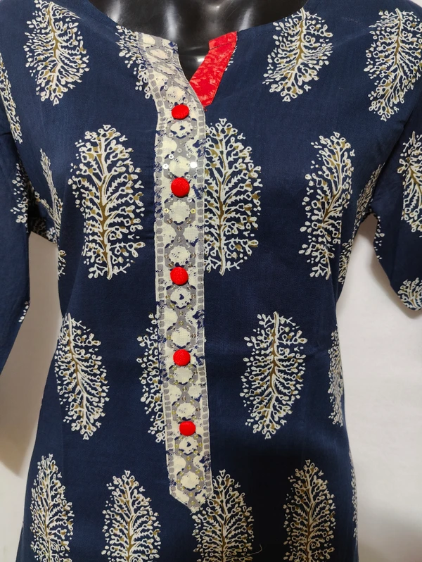 Navy Blue White Print Pink Buttons Kurta - 7XL