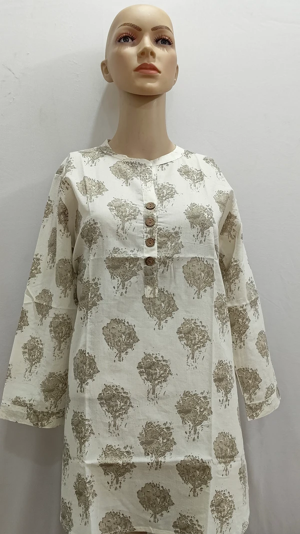 Off-White Grey Floral Chinese Collar Full Sleeves Regular Kurti - 3XL