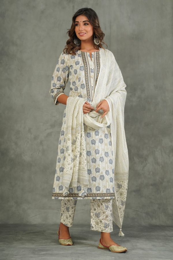 Off-White Grey Floral Print Suit Set Mulmul Dupatta - 3XL