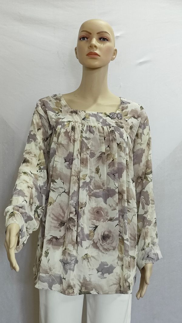 Off-White Grey Print Indo Western Top Synthetic - 2XL