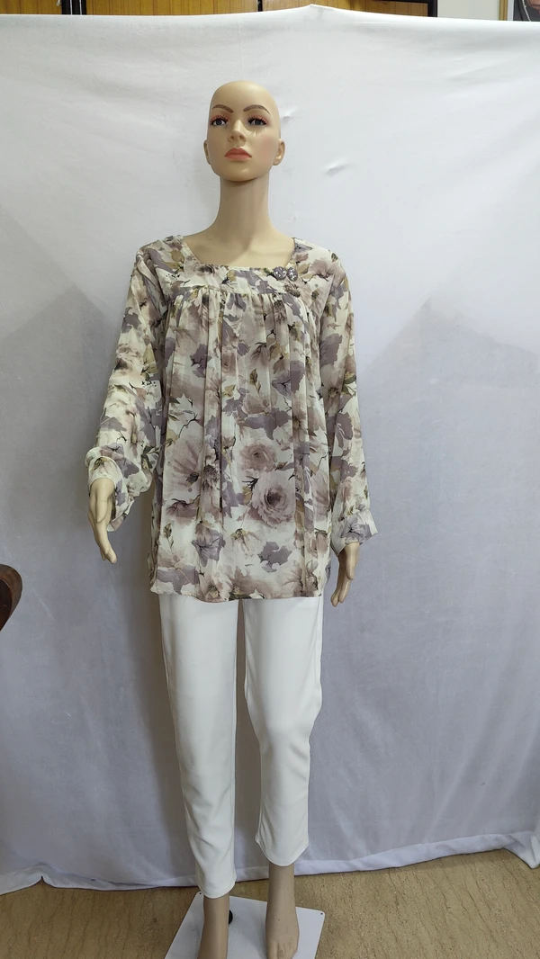 Off-White Grey Print Indo Western Top Synthetic - 3XL