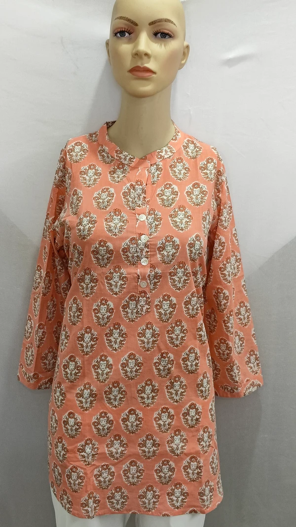 Peach White Print Chinese Collar Regular Kurti - M