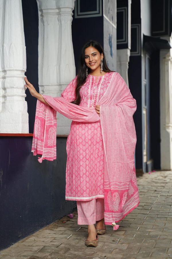 Pink Jaipur Print Suit Set Mulmul Dupatta - 2XL