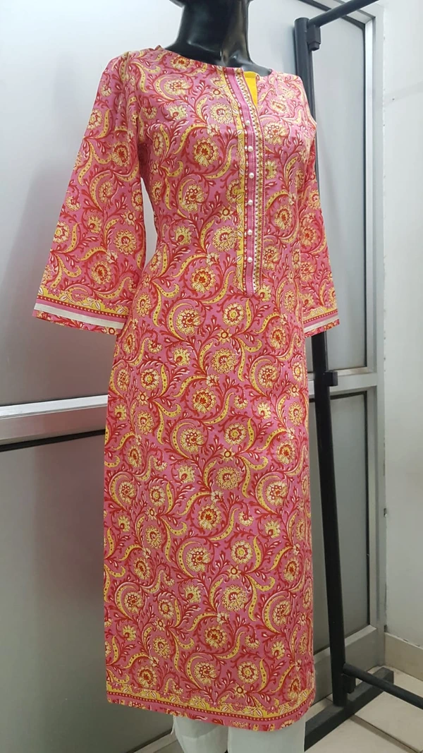 Pink Yellow Print Kurta - M