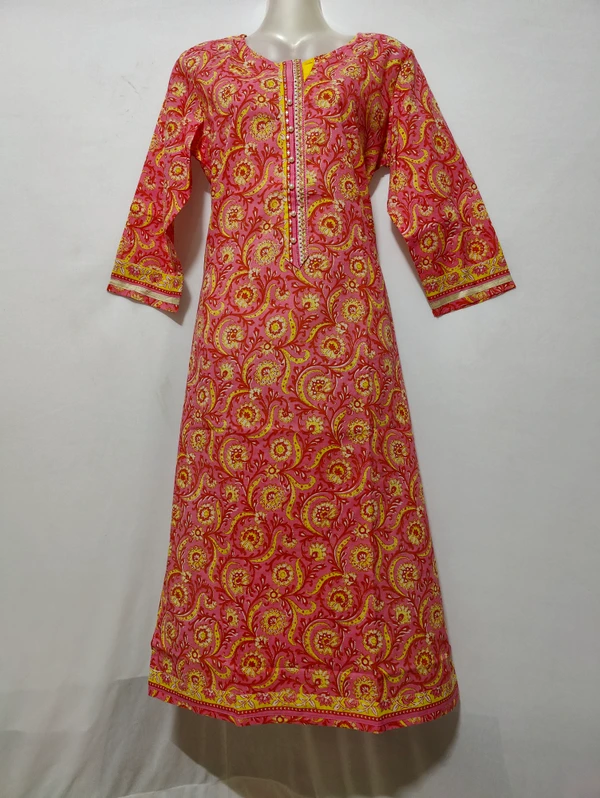 Pink Yellow Print Kurta - L