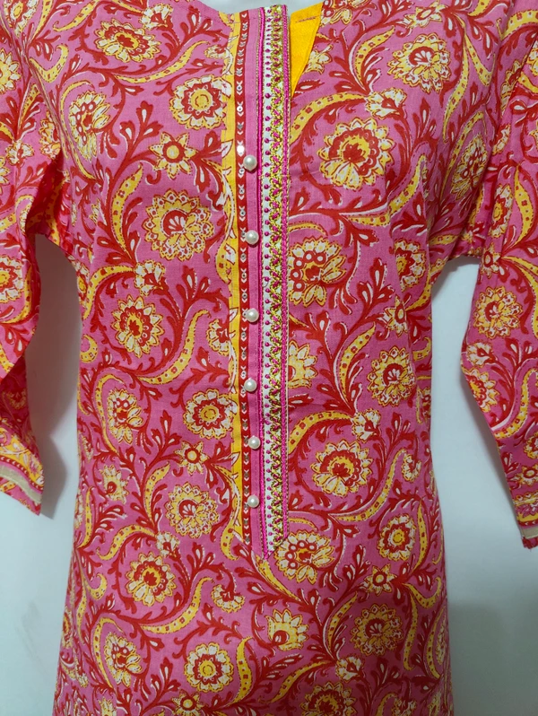 Pink Yellow Print Kurta - M